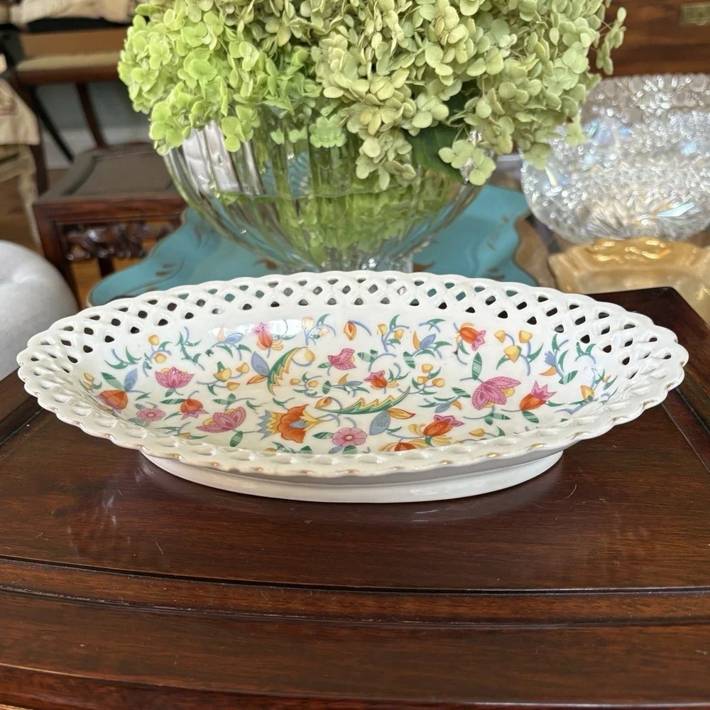 Vintage Retriculated Lace Rim Oval Dish Bright Happy Flowers 10